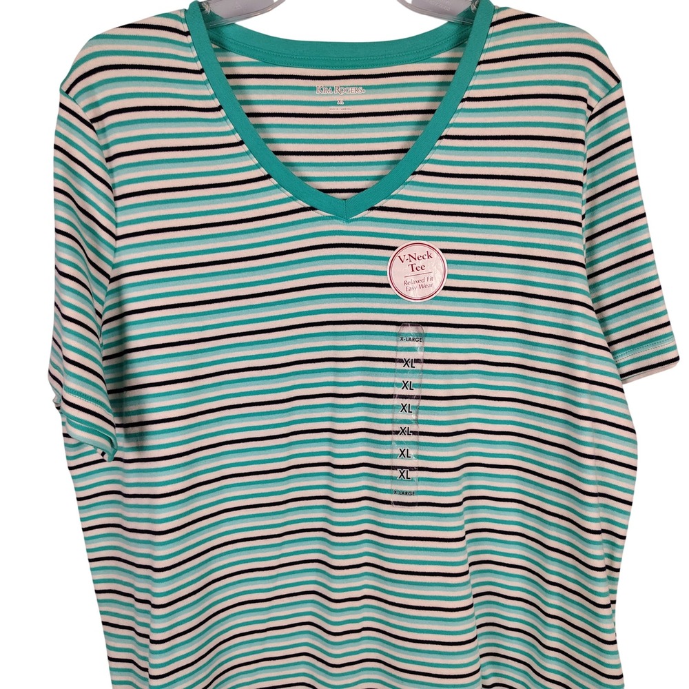 NWT Kim Rogers Womens XL V-Neck Tee Aqua Multi Striped Cotton Coastal Preppy